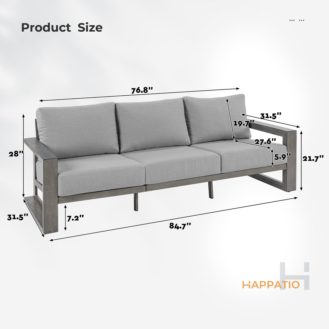 HAPPATIO Aluminum Patio Furniture Set, Oversized Outdoor Sofa with Deep Seating and Wide Armrest, Hand-brushed Aluminum Frame with 6" Cushion