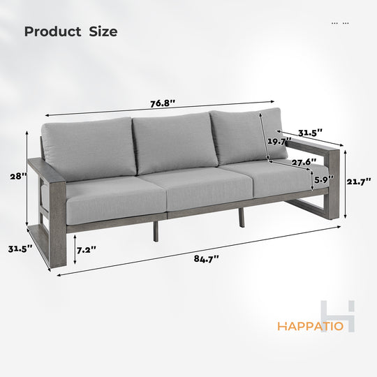 HAPPATIO Aluminum Patio Furniture Set, Oversized Outdoor Sofa with Deep Seating and Wide Armrest, Hand-brushed Aluminum Frame with 6" Cushion
