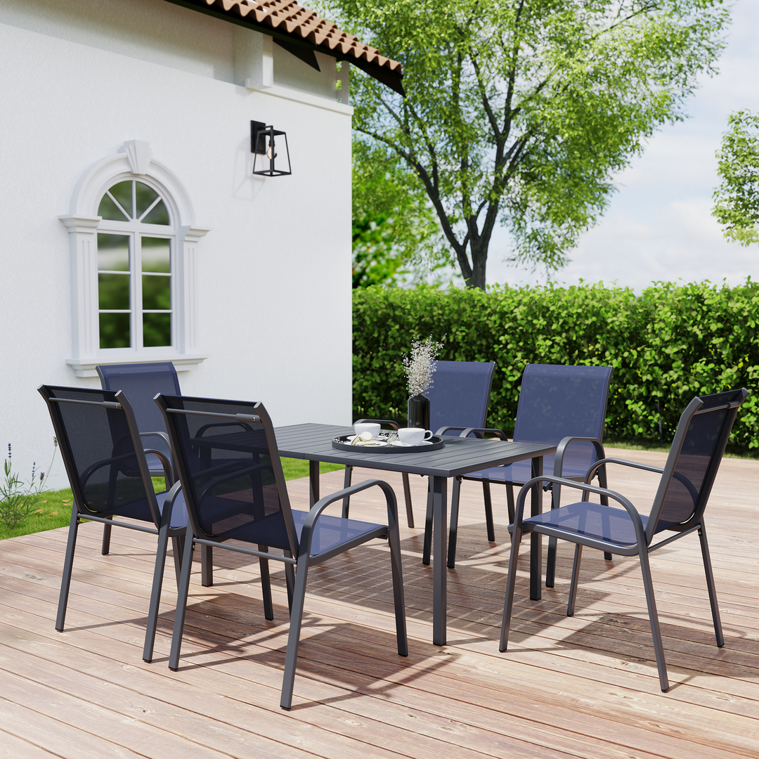 HAPPATIO Outdoor Patio Dining Set, Quick Dry Textilene Dining Chairs and Dining Table with Umbrella Hole, Stackable Textilene Chairs for Garden, Patio and Poolside Backyard