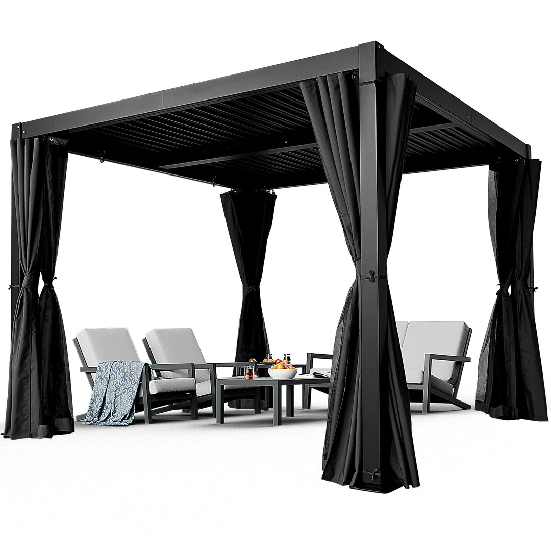 HAPPATIO Outdoor Louvered Pergola, Metal Pergola with Adjustable Rainproof Roof, Patio Pergola with Curtains and Mosquito Nets