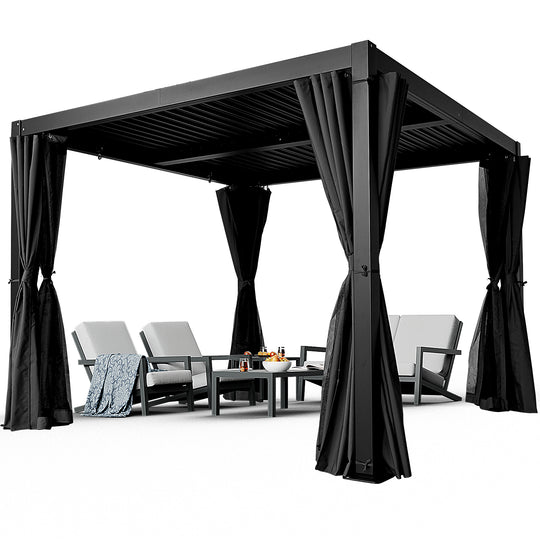 HAPPATIO Outdoor Louvered Pergola, Metal Pergola with Adjustable Rainproof Roof, Patio Pergola with Curtains and Mosquito Nets