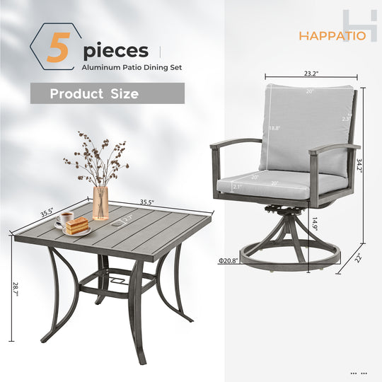 HAPPATIO Patio Outdoor Dining Set - All Aluminum Patio Table and Chairs Set with Cushions, Patio Dining Set for Lawn, Garden