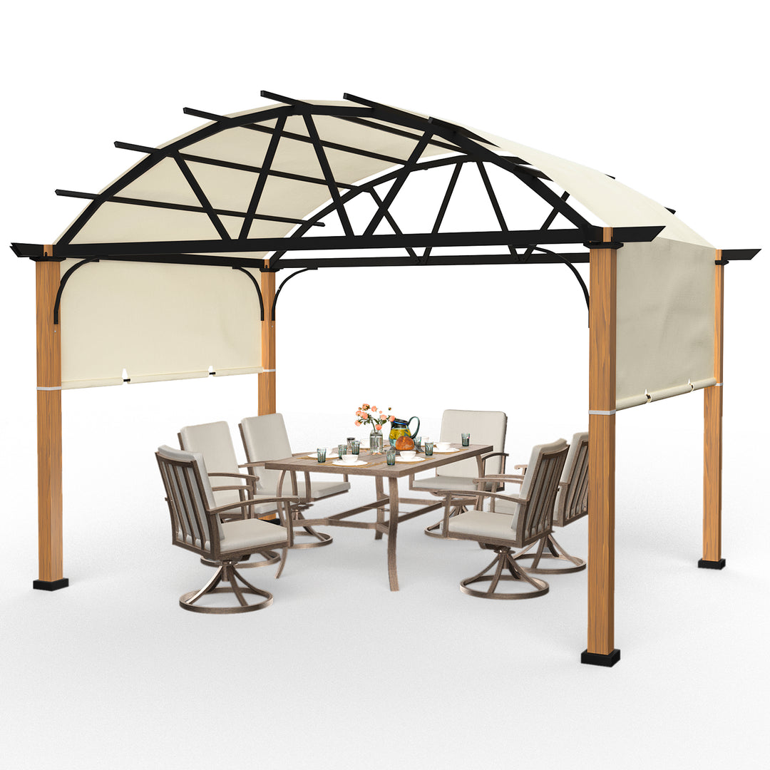 HAPPATIO 10' X 13' Outdoor Pergola with Sling Retractable Canopy and Woodgrain Aluminum Frame, Arched Pergola for Patio, Deck, Backyard, Garden