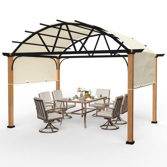 HAPPATIO 10' X 13' Outdoor Pergola with Sling Retractable Canopy and Woodgrain Aluminum Frame, Arched Pergola for Patio, Deck, Backyard, Garden