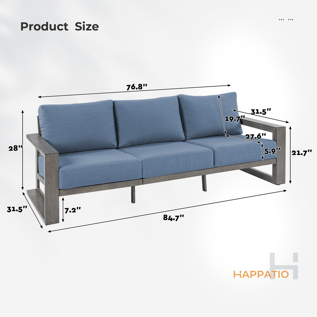 HAPPATIO Aluminum Patio Furniture Set, Oversized Outdoor Sofa with Deep Seating and Wide Armrest, Hand-brushed Aluminum Frame with 6" Cushion