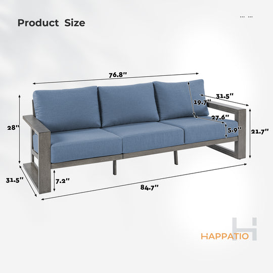 HAPPATIO Aluminum Patio Furniture Set, Oversized Outdoor Sofa with Deep Seating and Wide Armrest, Hand-brushed Aluminum Frame with 6" Cushion