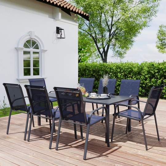 HAPPATIO Outdoor Patio Dining Set, Quick Dry Textilene Dining Chairs and Dining Table with Umbrella Hole, Stackable Textilene Chairs for Garden, Patio and Poolside Backyard