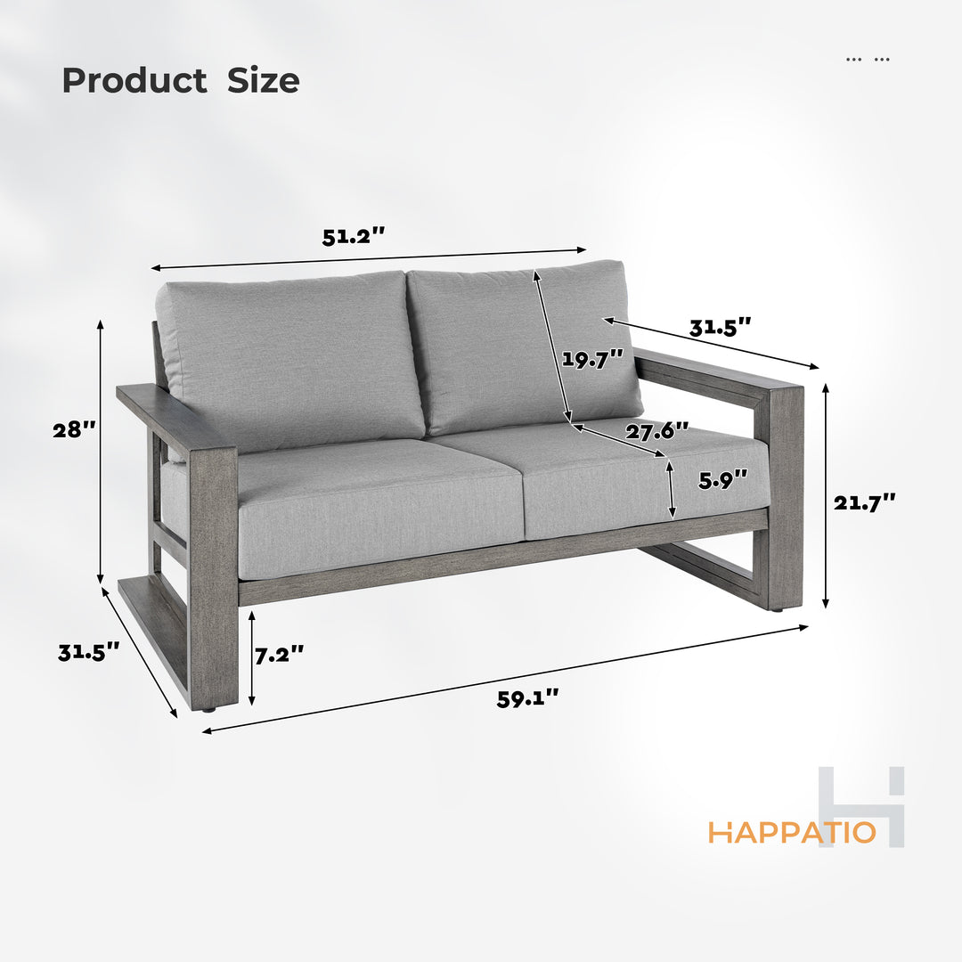HAPPATIO Aluminum Patio Furniture Set, Oversized Outdoor Sofa with Deep Seating and Wide Armrest, Hand-brushed Aluminum Frame with 6" Cushion