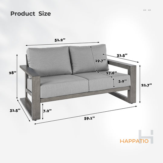 HAPPATIO Aluminum Patio Furniture Set, Oversized Outdoor Sofa with Deep Seating and Wide Armrest, Hand-brushed Aluminum Frame with 6" Cushion