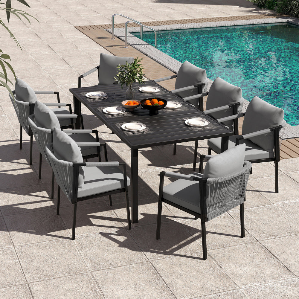 HAPPATIO Patio Dining Set, Woven Rope Rattan Outdoor Dining Table and Chairs Set, Metal Woven Wicker Rope Chairs with Cushions, All-Weather PE Rattan Outdoor Dining Set for Lawn Garden