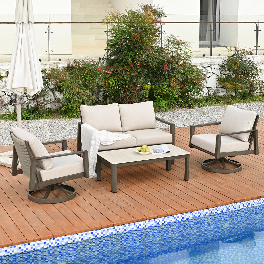 HAPPATIO Patio Conversation Set, 4-Piece Aluminum Oversized Patio Furniture Set with Rope Woven Backrest, Patio Chairs with Thick Cushion, Hand-brushed Frame for Yard, Porch, Balcony