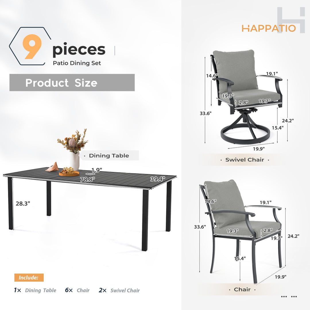 HAPPATIO Patio Dining Set, Outdoor Dining Set with Powder-Coated Metal, Table with Umbrella Hole, Stackable Chairs with Removable Cushions for Porch Poolside Garden