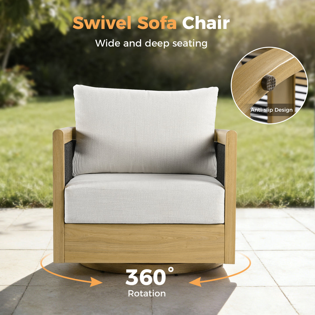 HAPPATIO Aluminum Patio Furniture Set, 3 Pieces Wood-like Oversized Outdoor Conversation Set with Thick Cushion, Curved Tub Design with Woven Rope Accents for Garden, Backyard, Poolside