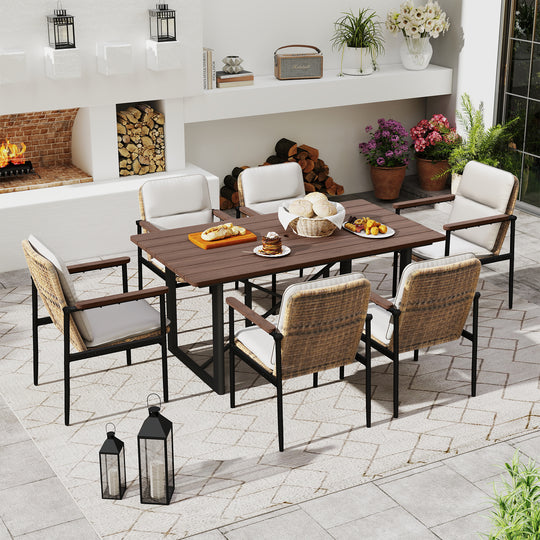 HAPPATIO 7 Piece Patio Dining Set Outdoor, 6 Wicker Chairs with Aluminum Frame and Olefin Cushions, Large Wooden Dining Table with Umbrella Hole,Patio Table and Chairs for Backyard Garden Porch