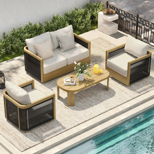 HAPPATIO Aluminum Patio Furniture Set, 4 Pieces Wood-like Oversized Conversation Set with Thick Cushion, Curved Tub Design with Woven Rope Accents for Garden, Backyard, Poolside
