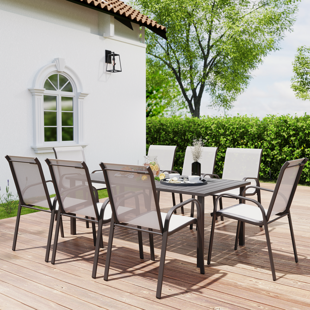 HAPPATIO Outdoor Patio Dining Set, Quick Dry Textilene Dining Chairs and Dining Table with Umbrella Hole, Stackable Textilene Chairs for Garden, Patio and Poolside Backyard