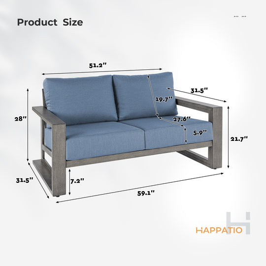 HAPPATIO Aluminum Patio Furniture Set, Oversized Outdoor Sofa with Deep Seating and Wide Armrest, Hand-brushed Aluminum Frame with 6" Cushion