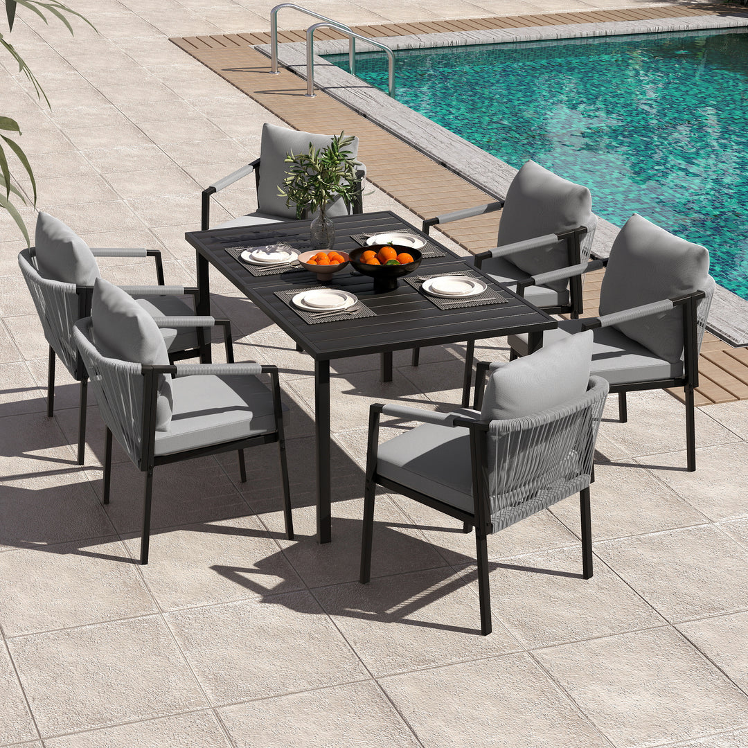 HAPPATIO Patio Dining Set, Woven Rope Rattan Outdoor Dining Table and Chairs Set, Metal Woven Wicker Rope Chairs with Cushions, All-Weather PE Rattan Outdoor Dining Set for Lawn Garden