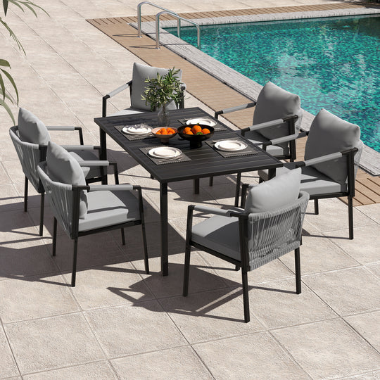 HAPPATIO Patio Dining Set, Woven Rope Rattan Outdoor Dining Table and Chairs Set, Metal Woven Wicker Rope Chairs with Cushions, All-Weather PE Rattan Outdoor Dining Set for Lawn Garden
