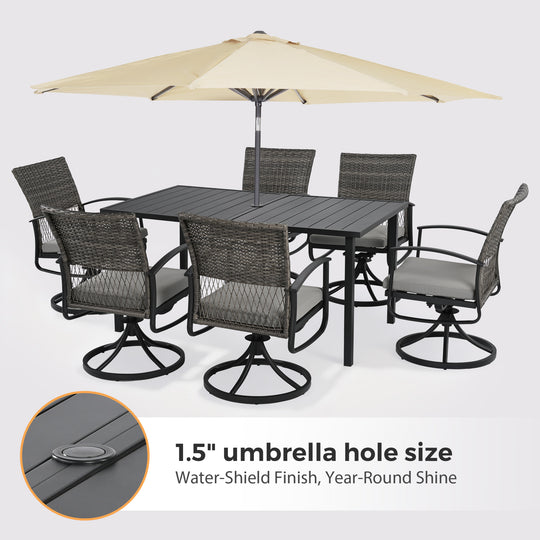HAPPATIO Rattan Patio Dining Set, Outdoor Dining Set with Wicker Swivel Chairs, Powder-Coated Rectangular Dining Table with Umbrella Hole, Removable Cushions for Outside Lawn, Garden, Yard