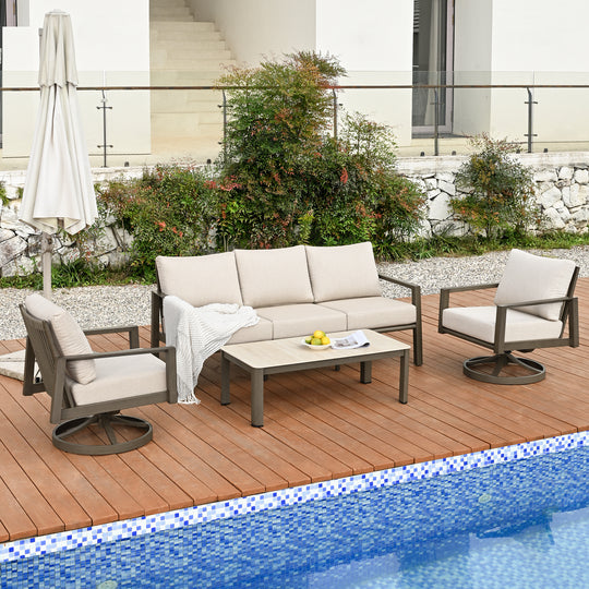 HAPPATIO Patio Conversation Set, 4-Piece Aluminum Oversized Patio Furniture Set with Rope Woven Backrest, Patio Chairs with Thick Cushion, Hand-brushed Frame for Yard, Porch, Balcony