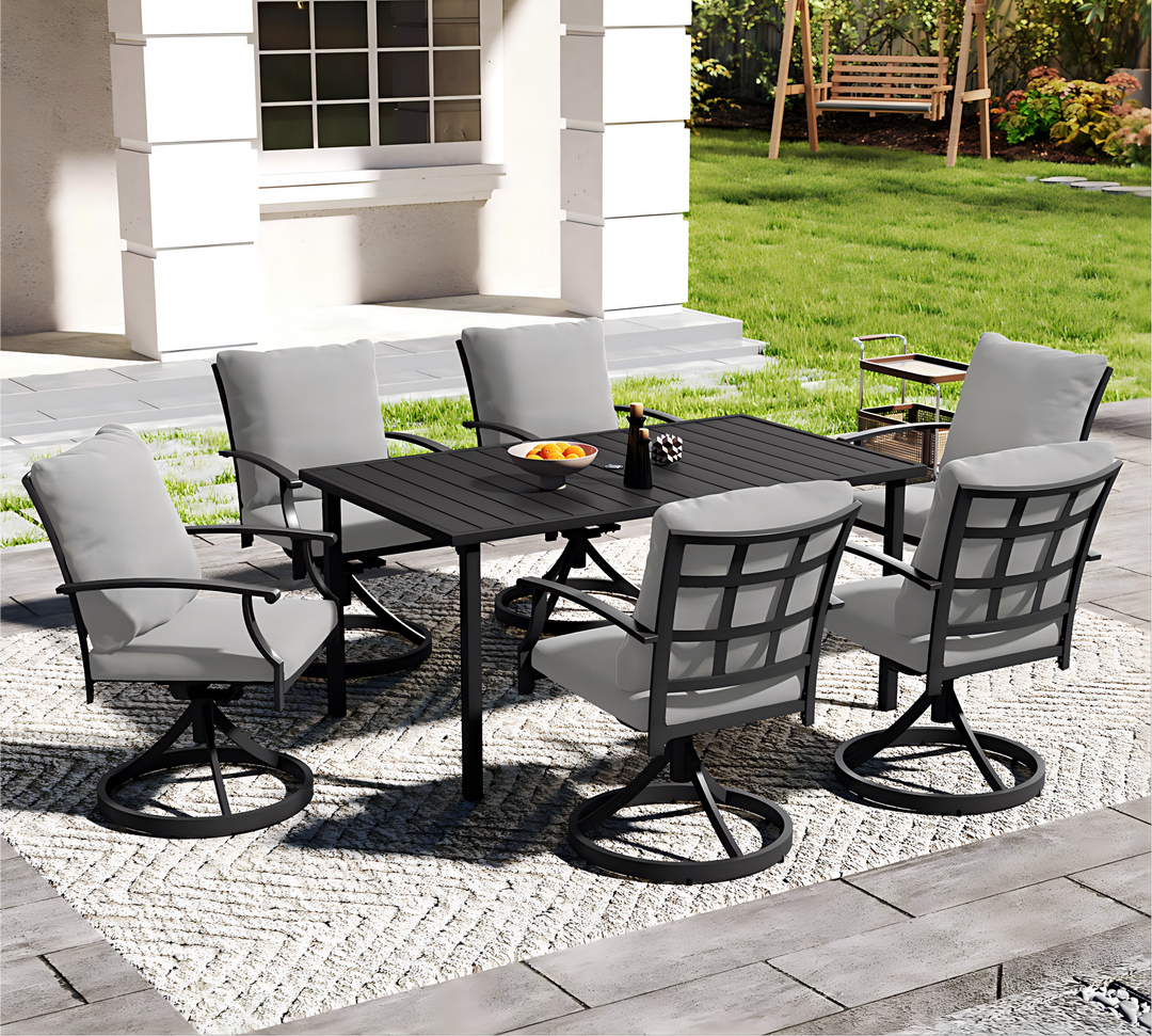 HAPPATIO Patio Dining Set, Outdoor Dining Set with Powder-Coated Metal, Table with Umbrella Hole, Stackable Chairs with Removable Cushions for Porch Poolside Garden