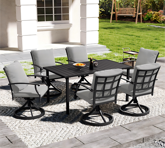 HAPPATIO Patio Dining Set, Outdoor Dining Set with Powder-Coated Metal, Table with Umbrella Hole, Stackable Chairs with Removable Cushions for Porch Poolside Garden