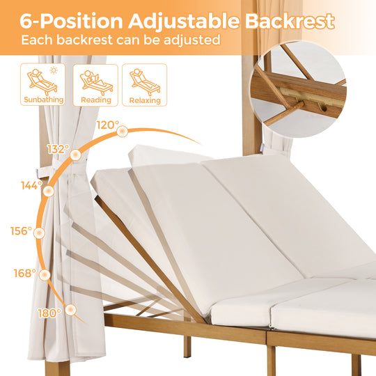 HAPPATIO Outdoor Patio Daybed with Retractable Canopy Bed,Patio Chaise Lounge with Adjustable Backrest, Wood-Like Aluminum Frame with Cushion & Curtain, Outdoor Chaise for Outside Pool, Garden