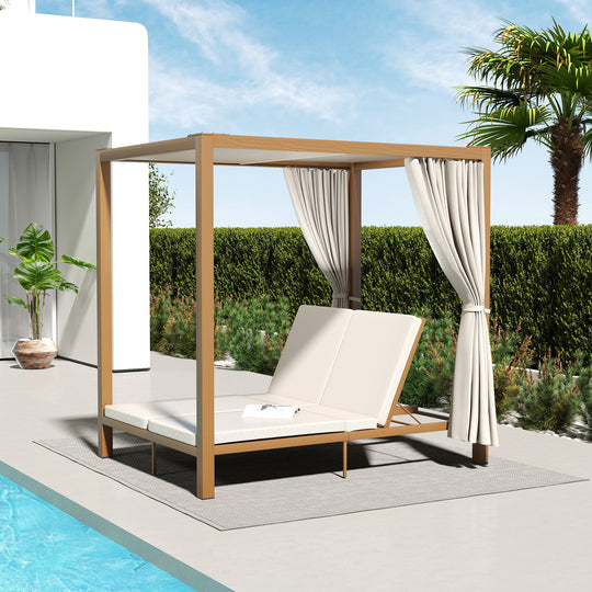 HAPPATIO Outdoor Patio Daybed with Retractable Canopy Bed,Patio Chaise Lounge with Adjustable Backrest, Wood-Like Aluminum Frame with Cushion & Curtain, Outdoor Chaise for Outside Pool, Garden