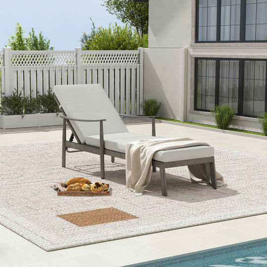 HAPPATIO Outdoor Chaise Lounge Chair - Aluminum Pool Lounge Chair with Adjustable Backrest and Cushion, Curved Armrest, Outdoor Lounge Chair for Beach, Yard, or Poolside