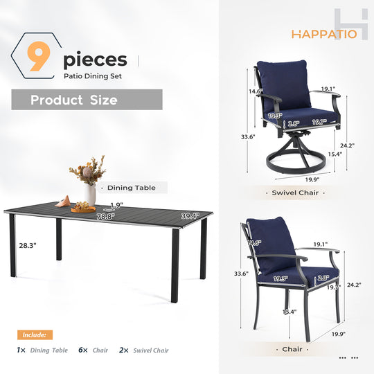 HAPPATIO Patio Dining Set, Outdoor Dining Set with Powder-Coated Metal, Table with Umbrella Hole, Stackable Chairs with Removable Cushions for Porch Poolside Garden