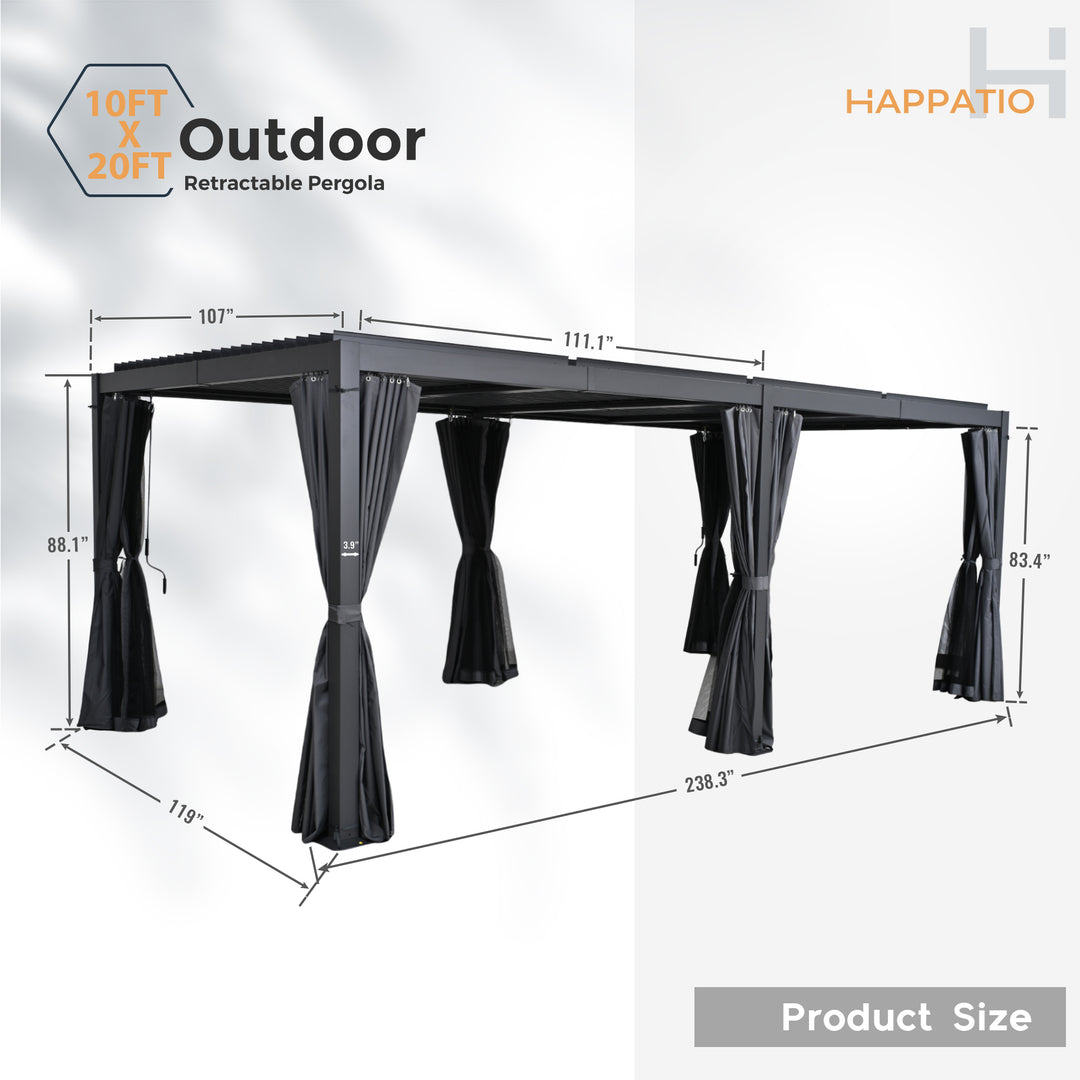 HAPPATIO Outdoor Louvered Pergola, Metal Pergola with Adjustable Rainproof Roof, Patio Pergola with Curtains and Mosquito Nets