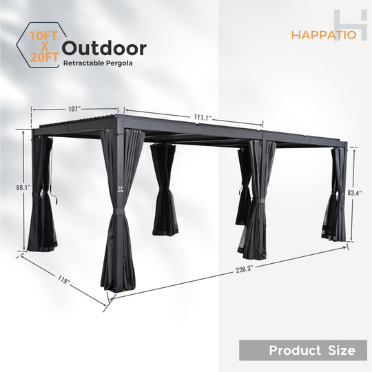 HAPPATIO Outdoor Louvered Pergola, Metal Pergola with Adjustable Rainproof Roof, Patio Pergola with Curtains and Mosquito Nets