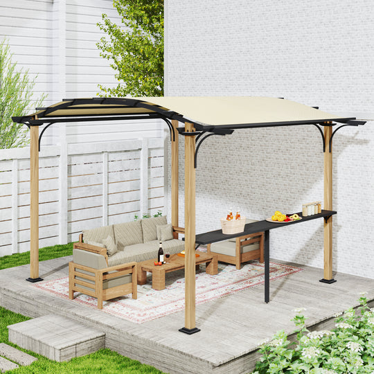 HAPPATIO 10' x 13' Arched Top Outdoor Pergola, Aluminum Frame with Storage Shelf, Wood-Like Frame Patio Pergola Shade for Patio, Backyard, Garden, Poolside, Beige