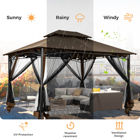 HAPPATIO Patio Gazebo, Ventilated Double Roof & Mosquito Netting, Outdoor Gazebo with Metal Frame, Soft Top Canopy for Backyard, Deck, Poolside