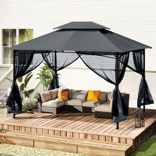 HAPPATIO Patio Gazebo, Ventilated Double Roof & Mosquito Netting, Outdoor Gazebo with Metal Frame, Soft Top Canopy for Backyard, Deck, Poolside