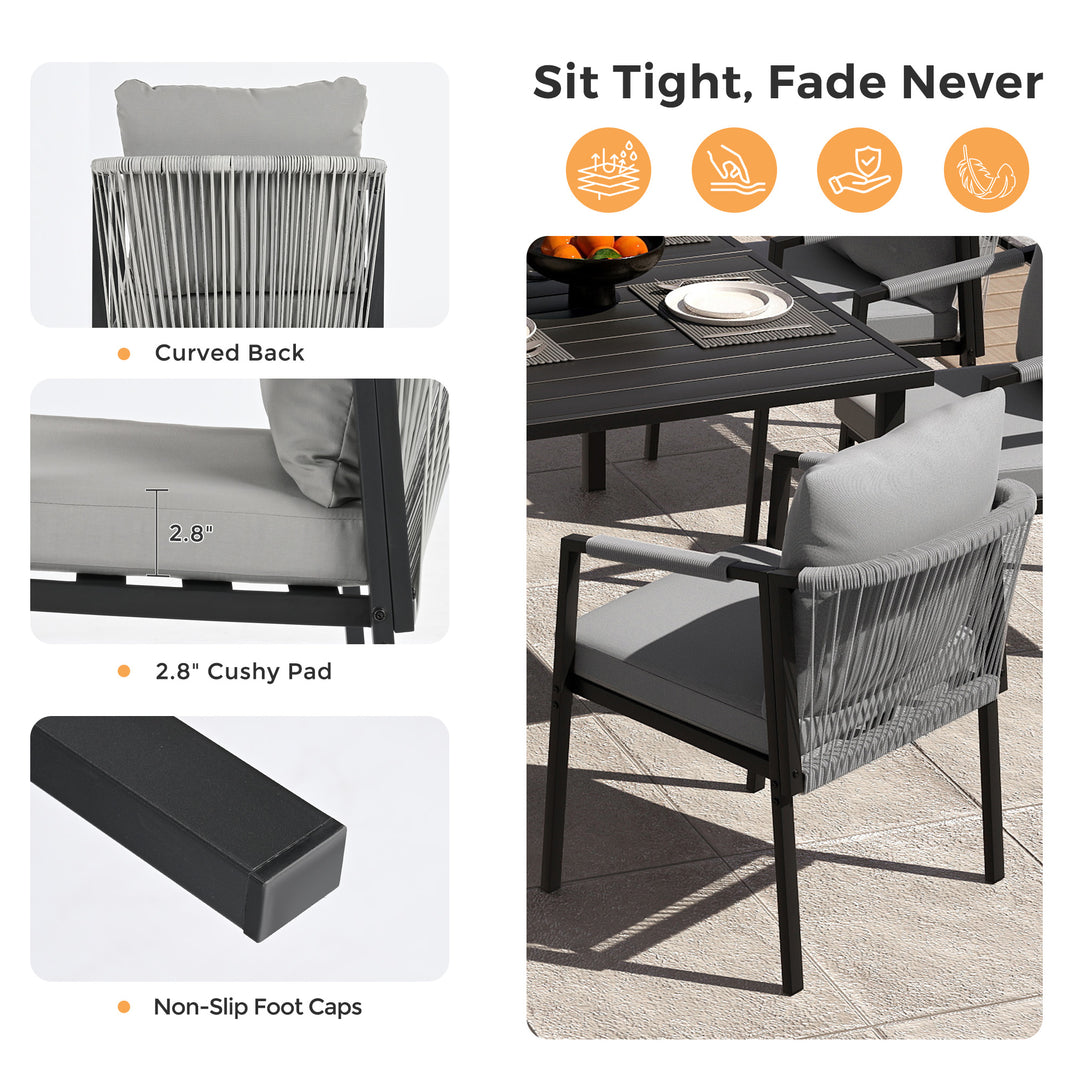HAPPATIO Patio Dining Set, Woven Rope Rattan Outdoor Dining Table and Chairs Set, Metal Woven Wicker Rope Chairs with Cushions, All-Weather PE Rattan Outdoor Dining Set for Lawn Garden