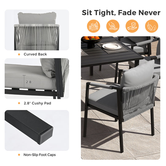 HAPPATIO Patio Dining Set, Woven Rope Rattan Outdoor Dining Table and Chairs Set, Metal Woven Wicker Rope Chairs with Cushions, All-Weather PE Rattan Outdoor Dining Set for Lawn Garden