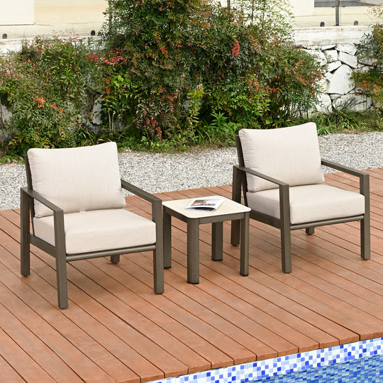 HAPPATIO Patio Conversation Set, 3-Piece Aluminum Oversized Patio Furniture Set with Rope Woven Backrest, Side Table and 2 Chairs with Thick Cushion, Hand-brushed Frame for Yard, Porch, Balcony