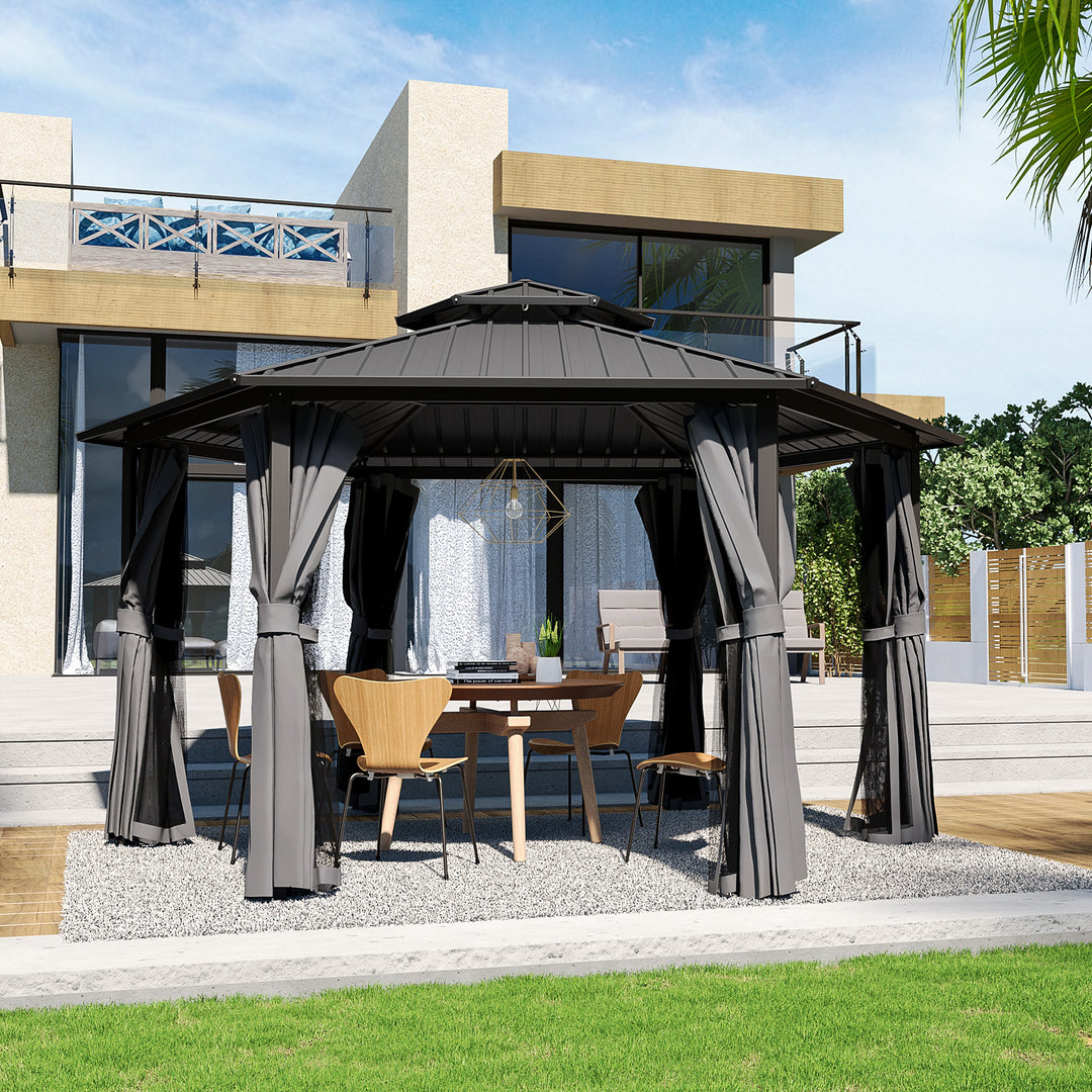 HAPPATIO 13' x 15' Hardtop Gazebo, Outdoor Hexagonal Gazebo with Galvanized Steel Roof, Aluminum Frame with Curtains and Netting, Metal Permanent Gazebos for Patios, Gardens