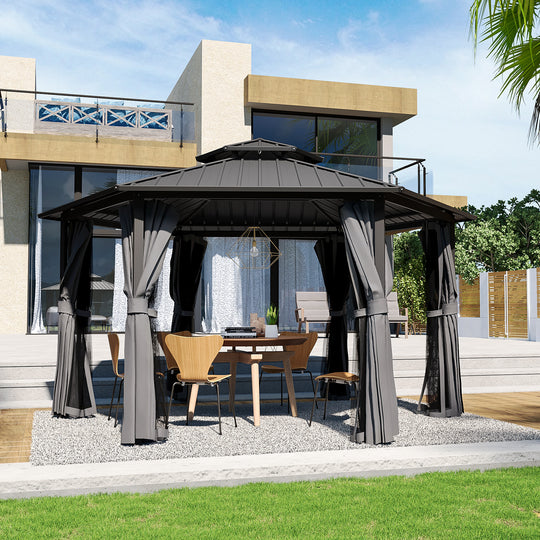 HAPPATIO 13' x 15' Hardtop Gazebo, Outdoor Hexagonal Gazebo with Galvanized Steel Roof, Aluminum Frame with Curtains and Netting, Metal Permanent Gazebos for Patios, Gardens