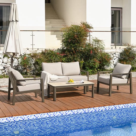 HAPPATIO Patio Conversation Set, 4-Piece Aluminum Oversized Patio Furniture Set with Rope Woven Backrest, Patio Chairs with Thick Cushion, Hand-brushed Frame for Yard, Porch, Balcony