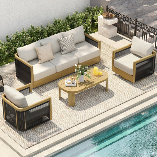 HAPPATIO Aluminum Patio Furniture Set, 4 Pieces Wood-like Oversized Conversation Set with Thick Cushion, Curved Tub Design with Woven Rope Accents for Garden, Backyard, Poolside