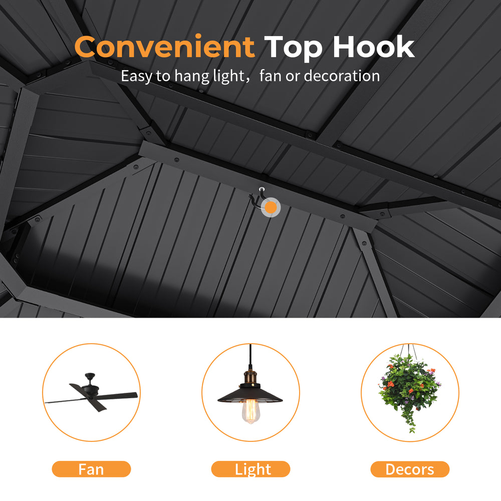 HAPPATIO 11' x 13 Outdoor Octagon Gazebo, Outdoor Pavilion Hardtop Gazebo with Double Tiered Ventilated Roof, Dual Rails and Ceiling Hook for Patio, Garden, Backyard Shade