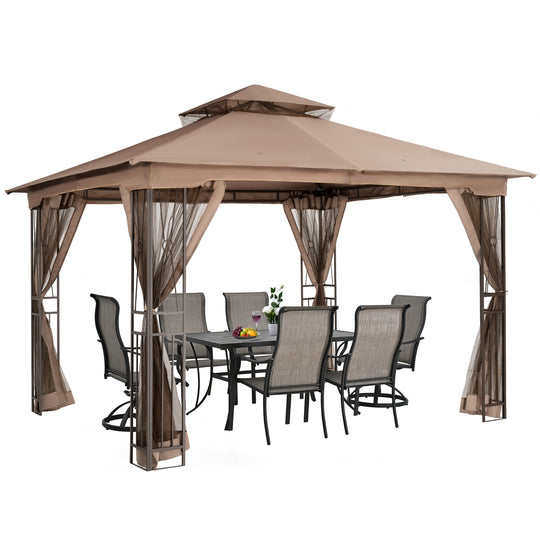HAPPATIO 10' X 12' Patio Gazebo with Ventilation Double Roof，Outdoor Soft Top Gazebo with Mosquito Netting for Lawn, Garden