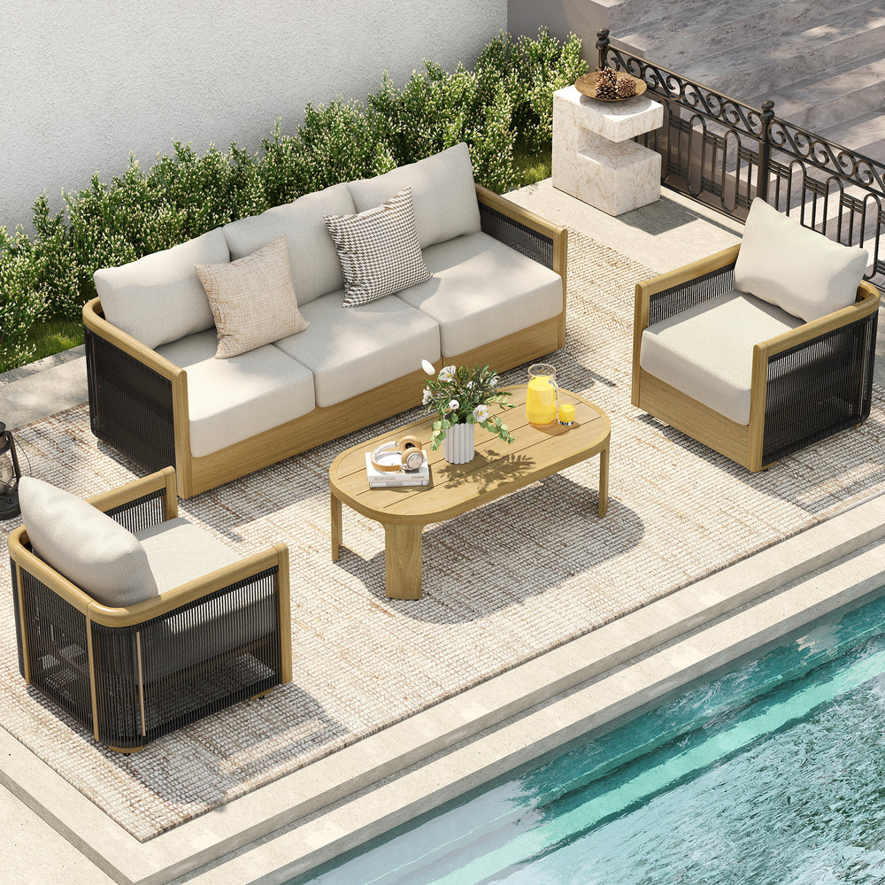 HAPPATIO Aluminum Patio Furniture Set, 4 Pieces Wood-like Oversized Conversation Set with Thick Cushion, Curved Tub Design with Woven Rope Accents for Garden, Backyard, Poolside