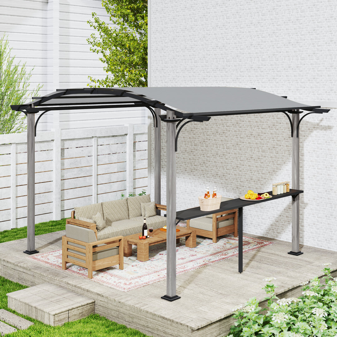 HAPPATIO 10' x 13' Arched Top Outdoor Pergola, Aluminum Frame with Storage Shelf, Wood-Like Frame Patio Pergola Shade for Patio, Backyard, Garden, Poolside, Beige