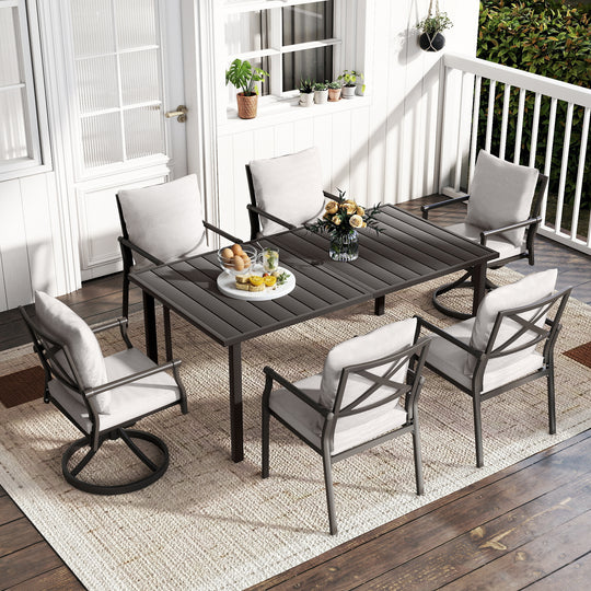HAPPATIO Patio Dining Set, Metal Outdoor Table and Chairs  Ser, Powder-Coated Metal Chairs with Thickened Cushions, Rectangular Table with Umbrella Hole for Deck Backyard Lawn