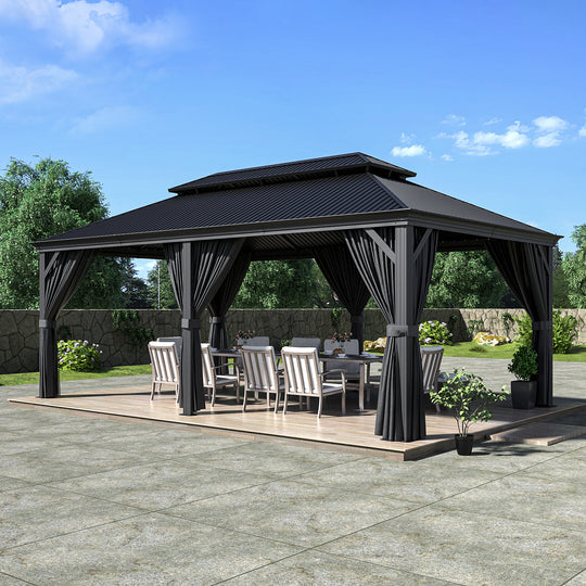 HAPPATIO 12' x 20' Hardtop Gazebo - Galvanized Steel Patio Double Roof Aluminum Gazebo with Curtains and Netting, Metal Permanent Pavilion Outdoor Gazebos for Patios, Gardens, and Lawns