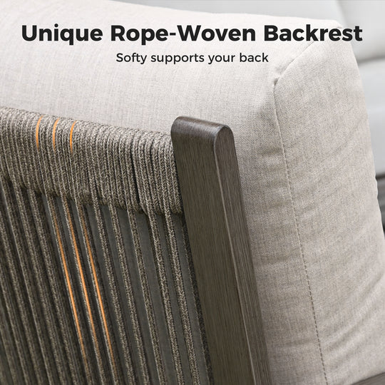 HAPPATIO Patio Conversation Set, 3-Piece Aluminum Oversized Patio Furniture Set with Rope Woven Backrest, Side Table and 2 Chairs with Thick Cushion, Hand-brushed Frame for Yard, Porch, Balcony